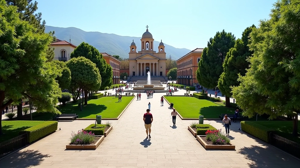 Vista aérea de la Plaza 9 de Julio con la Catedral al fondo y jardines verdes en los laterales