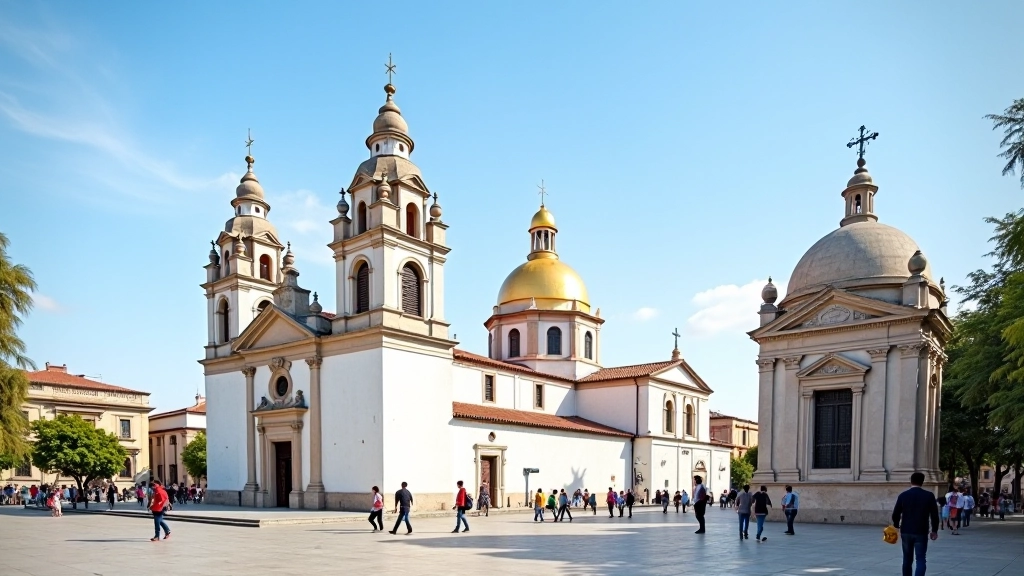 Vista lateral de la Catedral desde la plaza, mostrando su ubicación central, la cúpula dorada y el entorno urbano histórico
