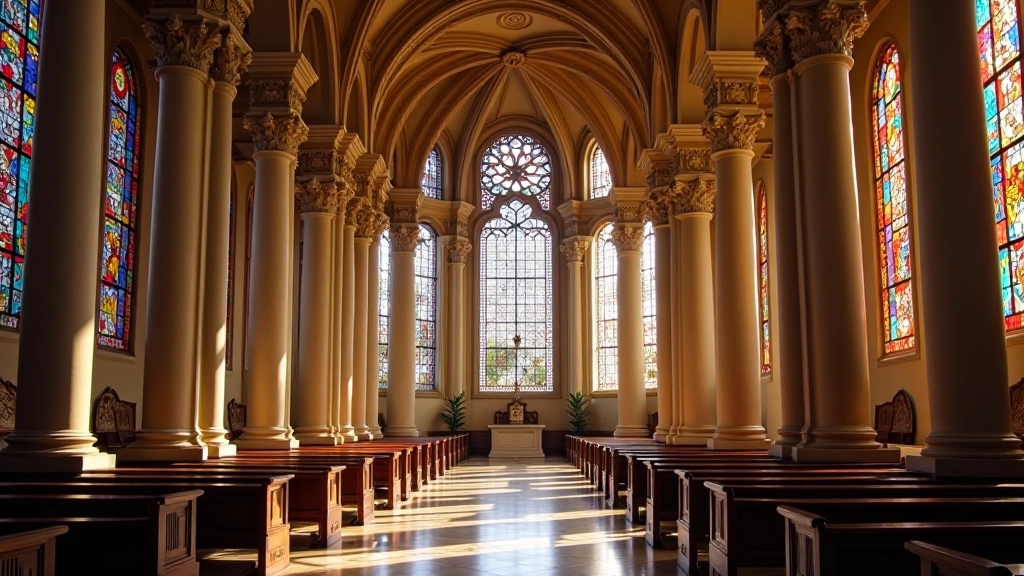 Interior de la Catedral Metropolitana con columnas ornamentadas, vitrales de colores y luz natural que atraviesa los ventanales