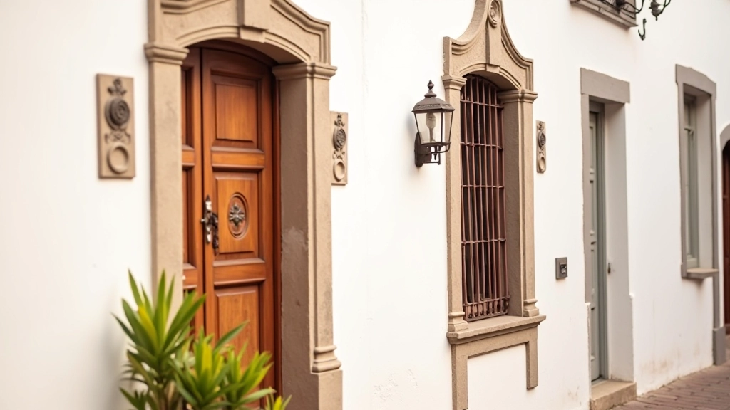 Detalle de arquitectura colonial salteña con fachada blanca, puerta de madera tallada y ventanas tradicionales