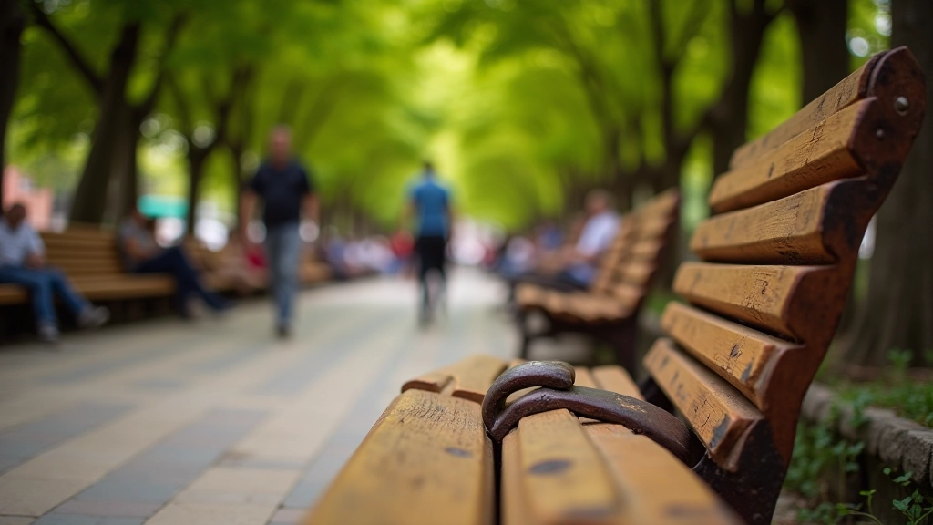 Detalle de bancos de descanso en la Plaza 9 de Julio con árboles que proporcionan sombra natural
