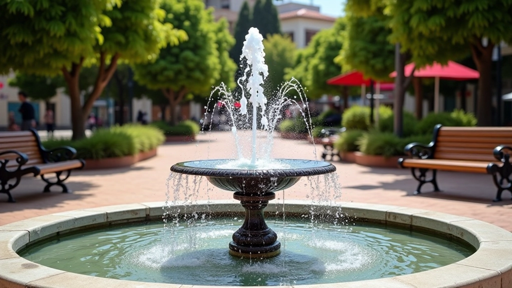 Detalle de fuente de agua pública y zona de descanso en la Plaza 9 de Julio