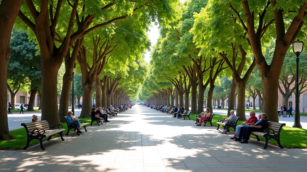Bancos de descanso bajo árboles en la Plaza 9 de Julio con personas descansando en un día soleado