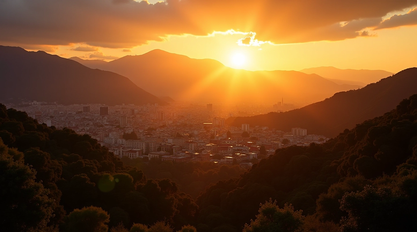 Vista panorámica de Salta con montañas al atardecer, cielo naranja y arquitectura colonial visible